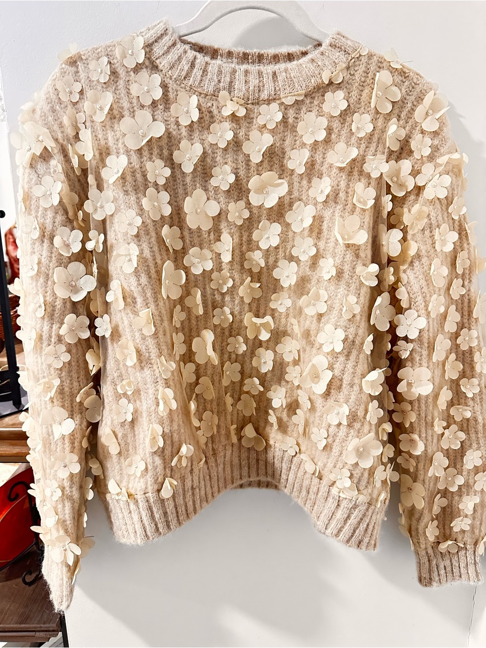 Zara Cream Floral Appliqué Crewneck Sweater - Picture 2 of 6